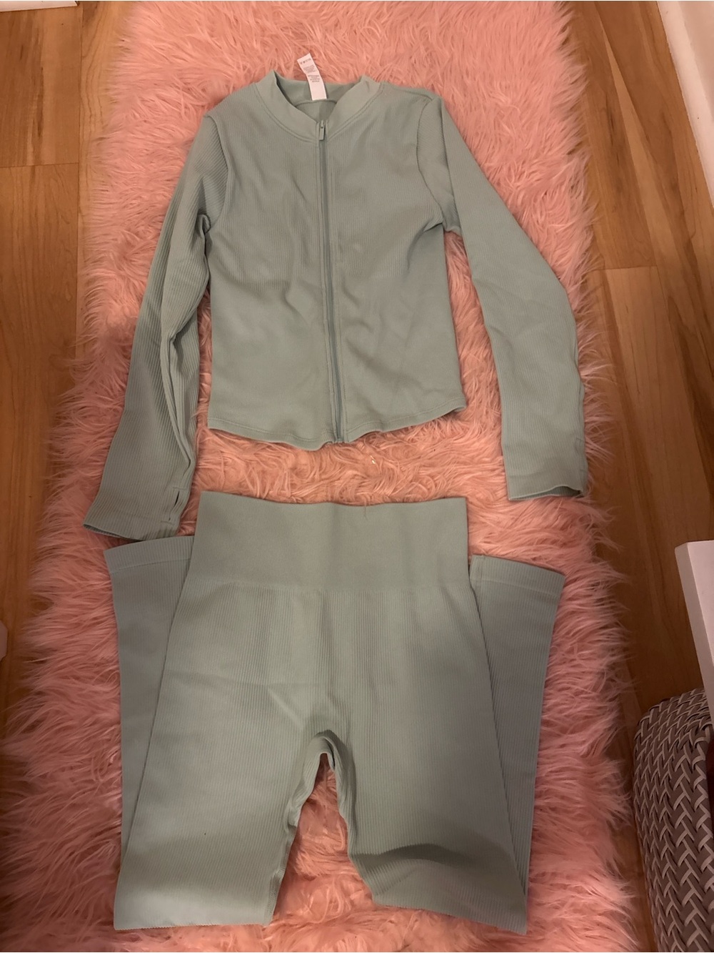 Amazon Light Sage Ribbed Zip-Front Jacket & High-Waist Leggings Set